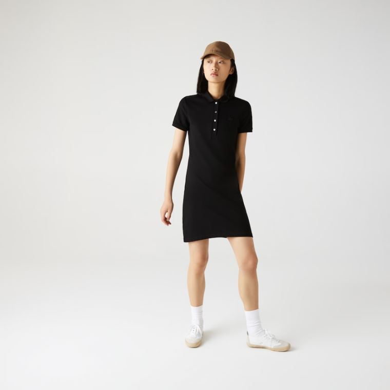 Lacoste Stretch Bomulds Piqué Polo Kjole Sort | JRdv4r6E