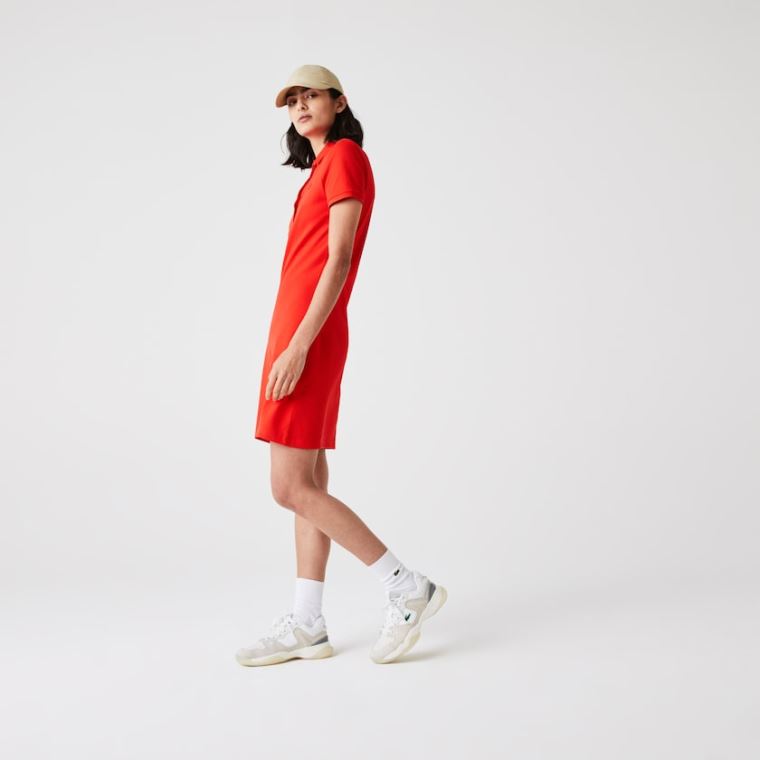 Lacoste Stretch Bomulds Piqué Polo Kjole Rød | Yo0Bfakh