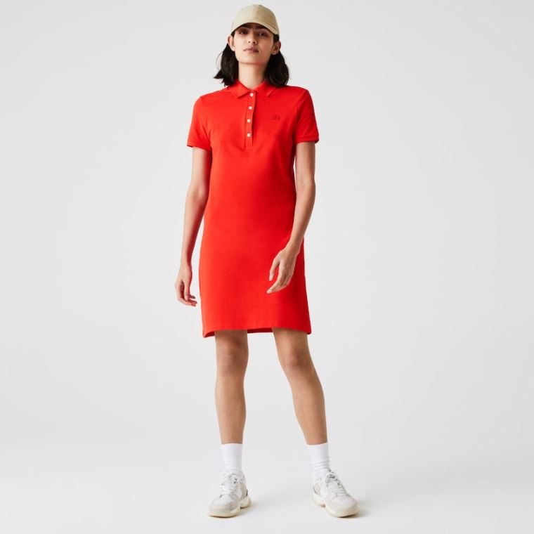 Lacoste Stretch Bomulds Piqué Polo Kjole Rød | Yo0Bfakh