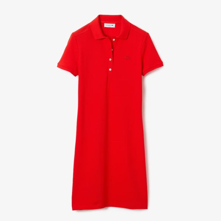 Lacoste Stretch Bomulds Piqué Polo Kjole Rød | Yo0Bfakh