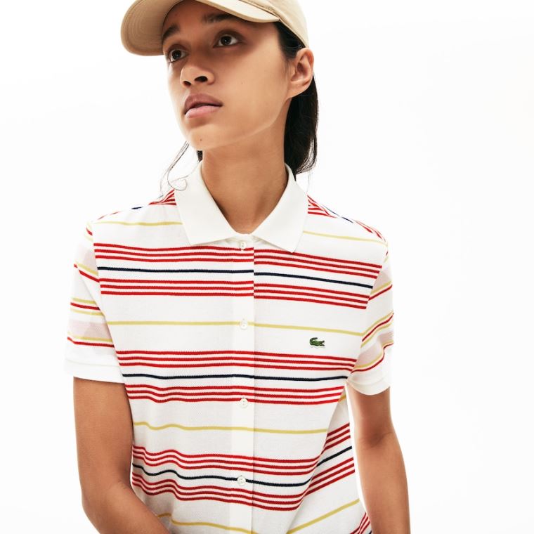 Lacoste Striped Bomulds Buttoned Polo Kjole Hvide Rød Gul Mørkeblå Blå Lyselyserød | 7NsV1N1G