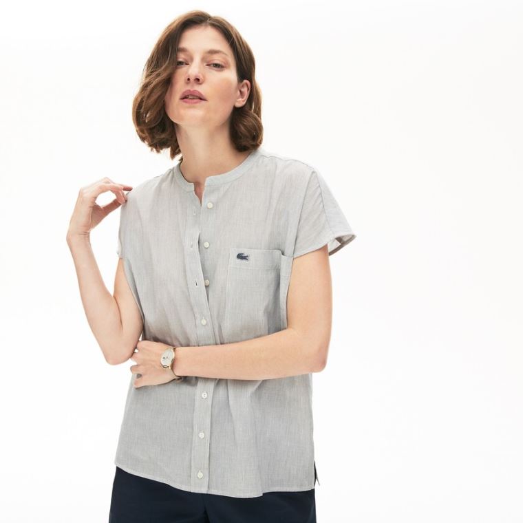 Lacoste Striped Linen And Bomulds Blend Shirt Hvide Mørkeblå Blå | xGJFgVQB