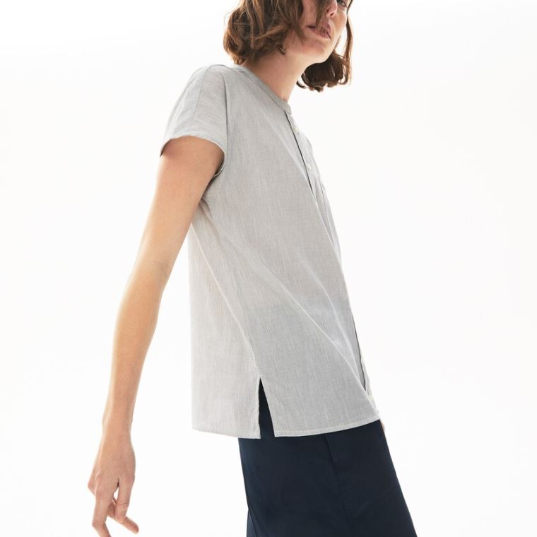 Lacoste Striped Linen And Bomulds Blend Shirt Hvide Mørkeblå Blå | xGJFgVQB