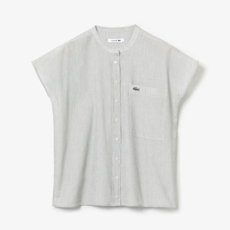 Lacoste Striped Linen And Bomulds Blend Shirt Hvide Mørkeblå Blå | xGJFgVQB