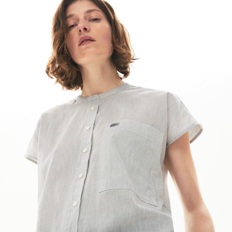 Lacoste Striped Linen And Bomulds Blend Shirt Hvide Mørkeblå Blå | xGJFgVQB