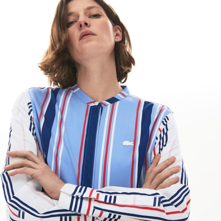 Lacoste Striped Long Flowing Shirt Lilla Hvide Mørkeblå Blå Rød | 83TBV0i3