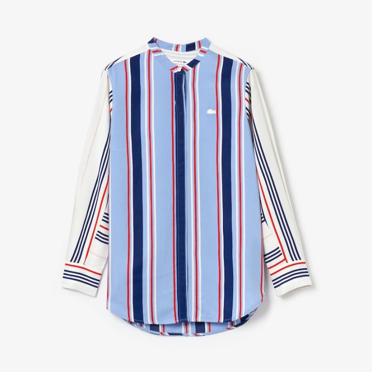 Lacoste Striped Long Flowing Shirt Lilla Hvide Mørkeblå Blå Rød | 83TBV0i3