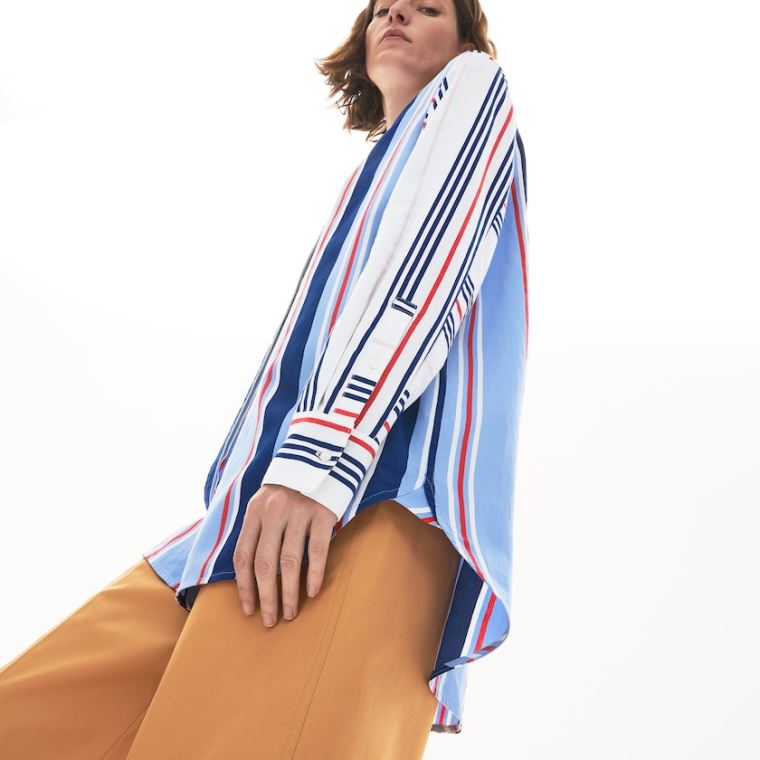 Lacoste Striped Long Flowing Shirt Lilla Hvide Mørkeblå Blå Rød | 83TBV0i3