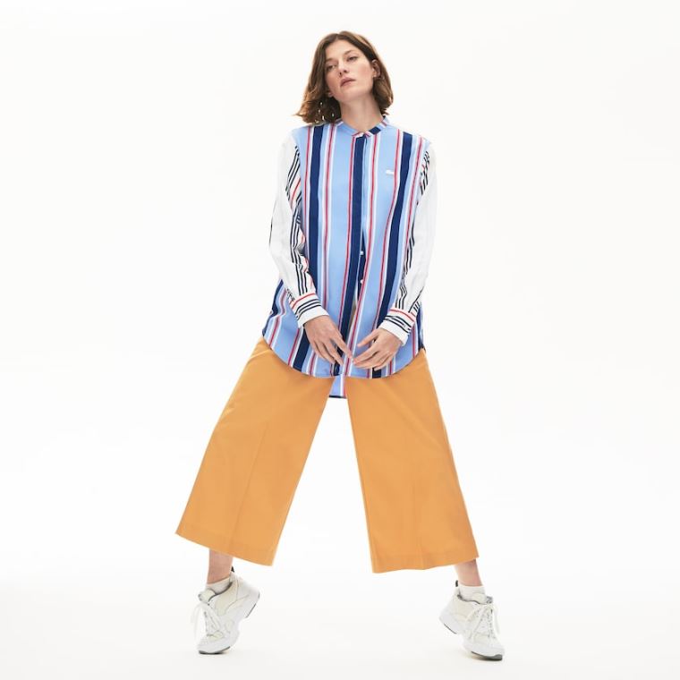 Lacoste Striped Long Flowing Shirt Lilla Hvide Mørkeblå Blå Rød | 83TBV0i3