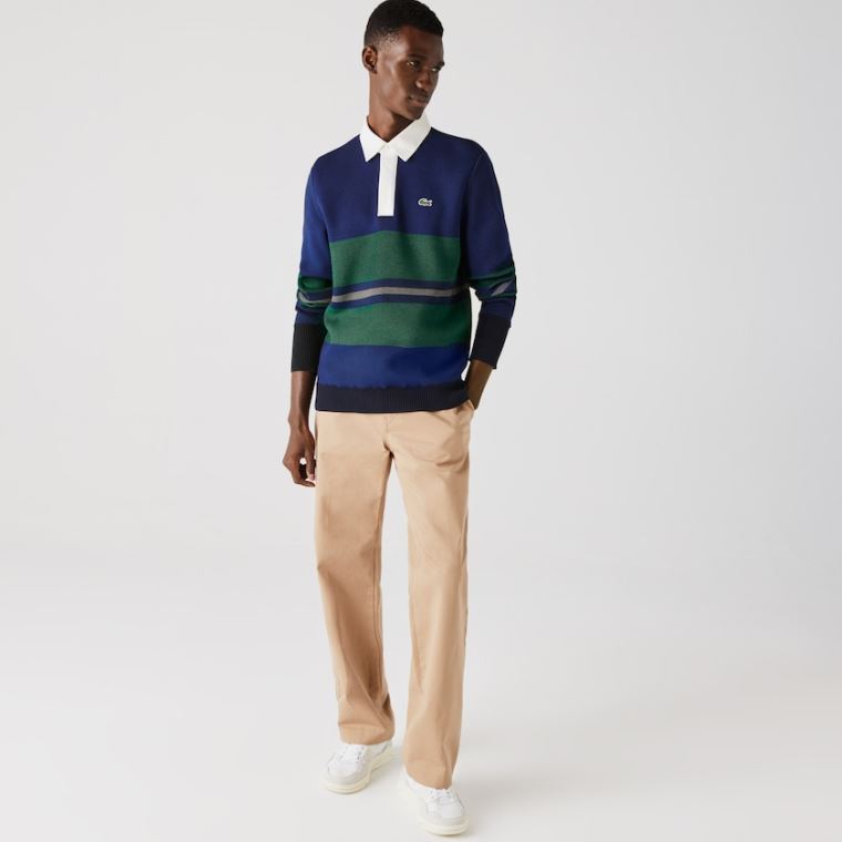 Lacoste Striped Rugby Sweater Mørkeblå Blå Blå Grøn Beige Hvide | qz1Sn3av