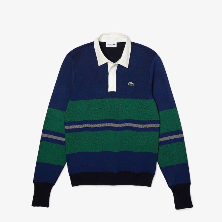 Lacoste Striped Rugby Sweater Mørkeblå Blå Blå Grøn Beige Hvide | qz1Sn3av