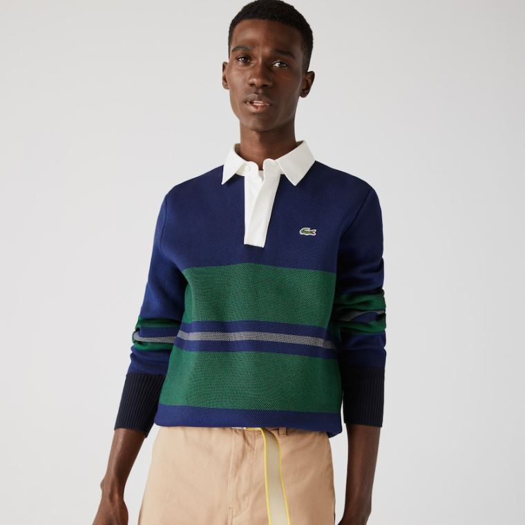 Lacoste Striped Rugby Sweater Mørkeblå Blå Blå Grøn Beige Hvide | qz1Sn3av