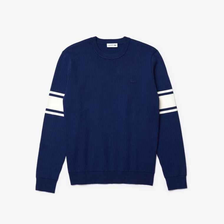 Lacoste Striped Sleeves Bomulds And Linen Blend Crew Neck Sweater Mørkeblå Blå Hvide | zAftcx24