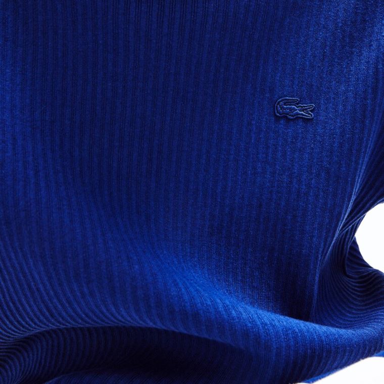 Lacoste Striped Sleeves Bomulds And Linen Blend Crew Neck Sweater Mørkeblå Blå Hvide | zAftcx24