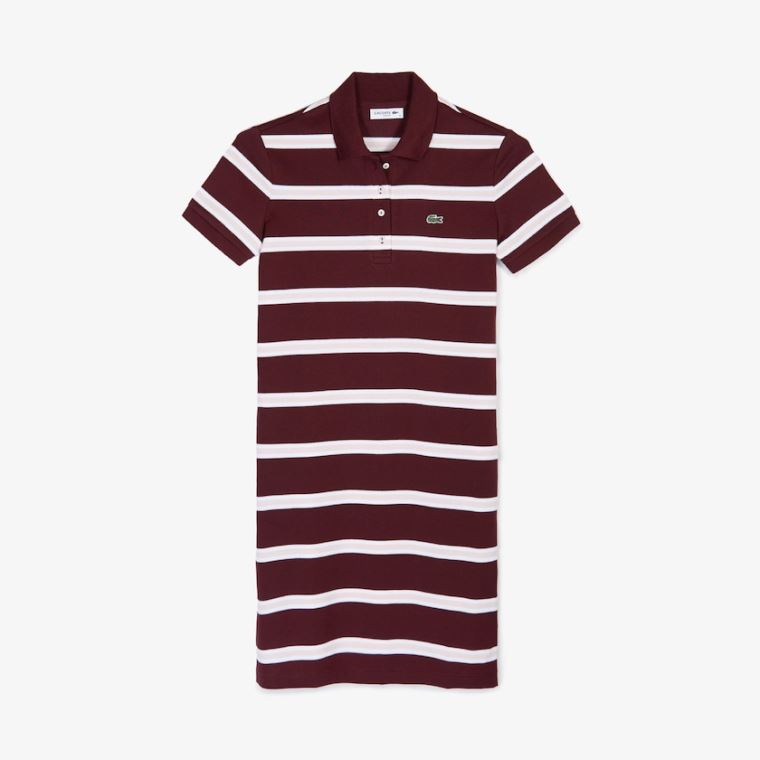 Lacoste Striped Stretch Bomulds Polo Kjole Mørkerød Lyselyserød Hvide | XPbBhr6h