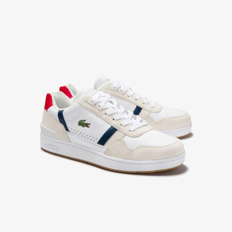 Lacoste T-Clip Tricolour Læder and Ruskind Sneakers Hvide Mørkeblå Rød | TuevEwkQ