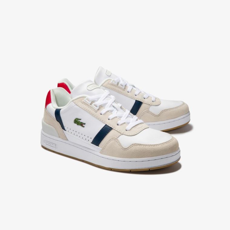 Lacoste T-Clip Tricolour Læder and Ruskind Sneakers Hvide Mørkeblå Rød | eKgRl5PU