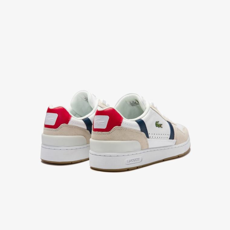 Lacoste T-Clip Tricolour Læder and Ruskind Sneakers Hvide Mørkeblå Rød | eKgRl5PU