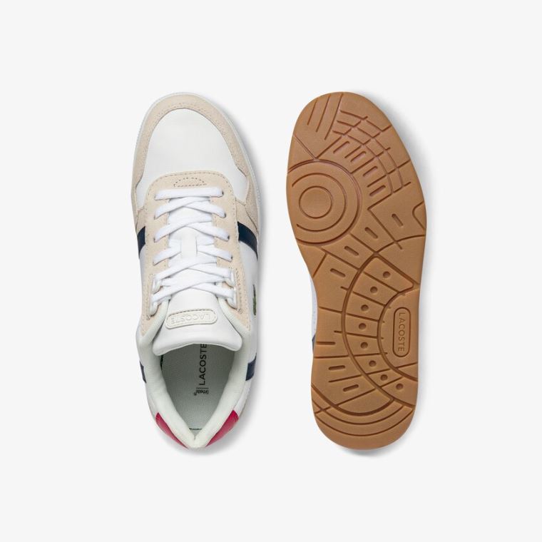 Lacoste T-Clip Tricolour Læder and Ruskind Sneakers Hvide Mørkeblå Rød | eKgRl5PU