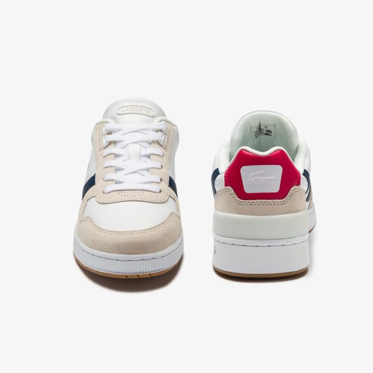 Lacoste T-Clip Tricolour Læder and Ruskind Sneakers Hvide Mørkeblå Rød | eKgRl5PU