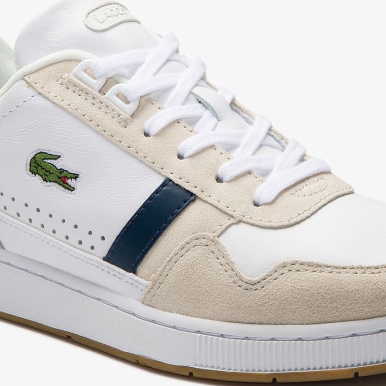 Lacoste T-Clip Tricolour Læder and Ruskind Sneakers Hvide Mørkeblå Rød | eKgRl5PU