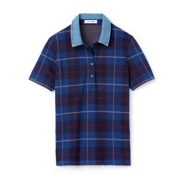 Lacoste Tartan Check Bomulds Jacquard Polo Mørkeblå Blå Blå | yru82YG2