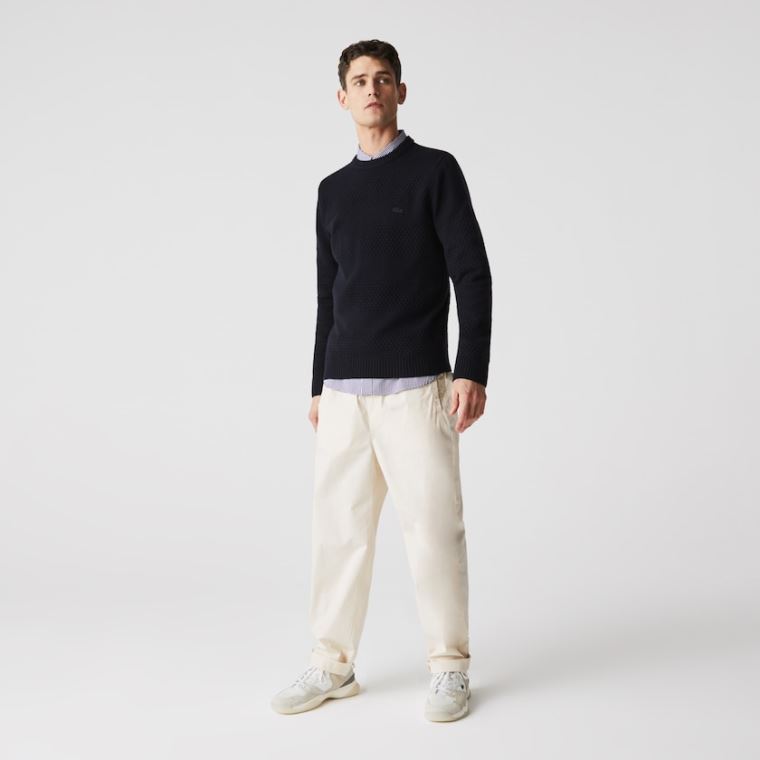 Lacoste Textured Striped Wool-Blend Sweater Mørkeblå Blå | zS5a2YnT