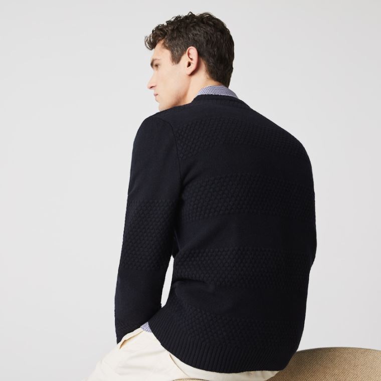 Lacoste Textured Striped Wool-Blend Sweater Mørkeblå Blå | zS5a2YnT