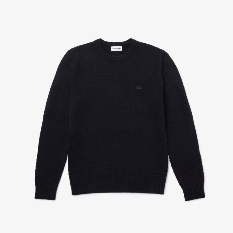 Lacoste Textured Striped Wool-Blend Sweater Mørkeblå Blå | zS5a2YnT