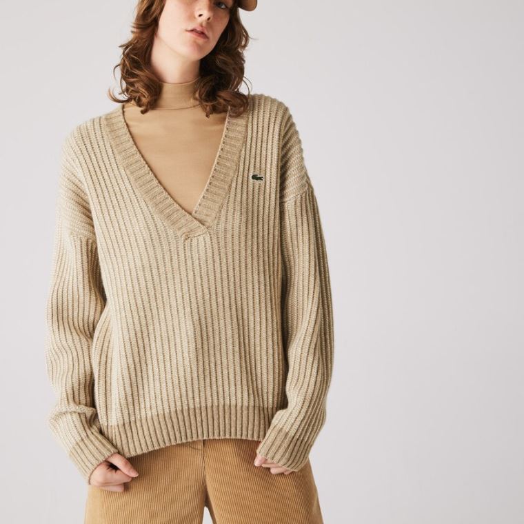 Lacoste Two-Tone Low V-Neck Ribbed Wool Sweater Beige | 2Z9vkPB2