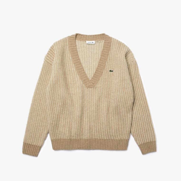 Lacoste Two-Tone Low V-Neck Ribbed Wool Sweater Beige | 2Z9vkPB2