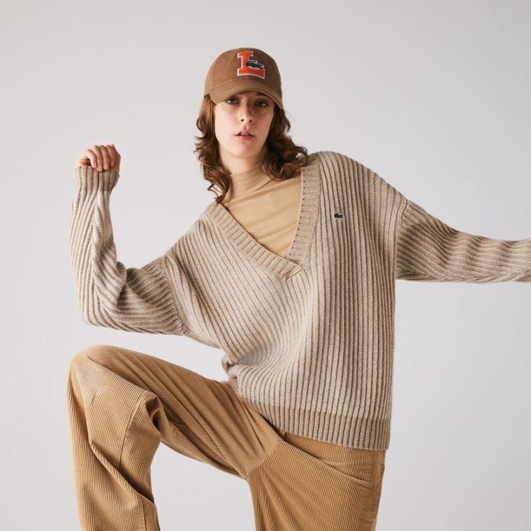 Lacoste Two-Tone Low V-Neck Ribbed Wool Sweater Beige | 2Z9vkPB2