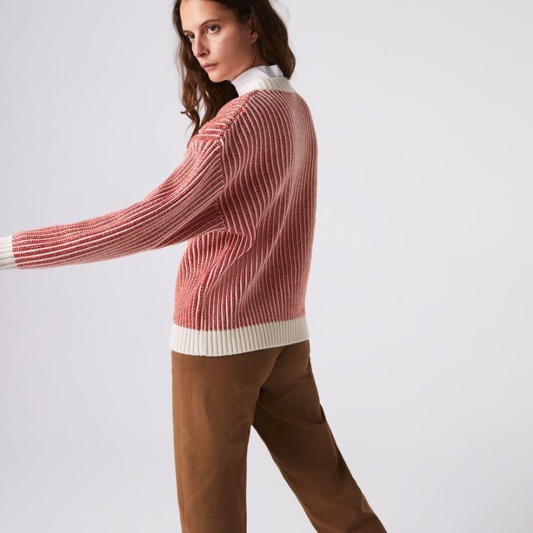 Lacoste Two-Tone Low V-Neck Ribbed Wool Sweater Rød Beige | ISHm3cvV