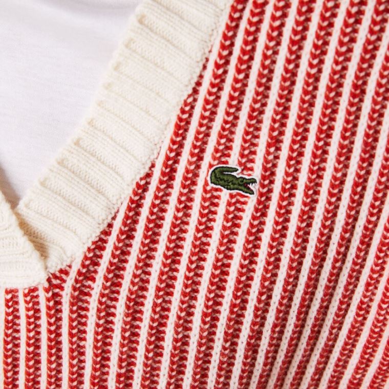 Lacoste Two-Tone Low V-Neck Ribbed Wool Sweater Rød Beige | ISHm3cvV