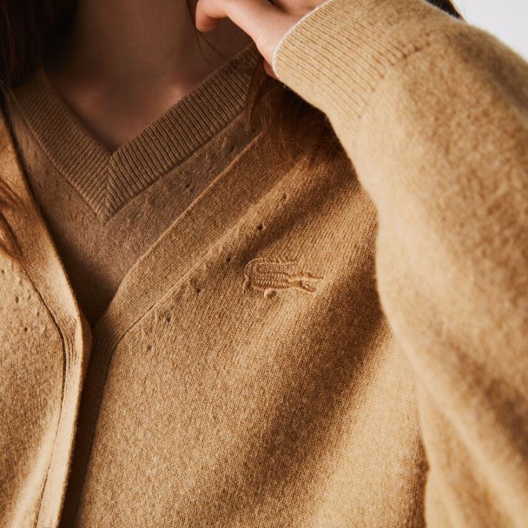 Lacoste V-Neck Buttoned Wool Cardigan Beige | ZJixizbj