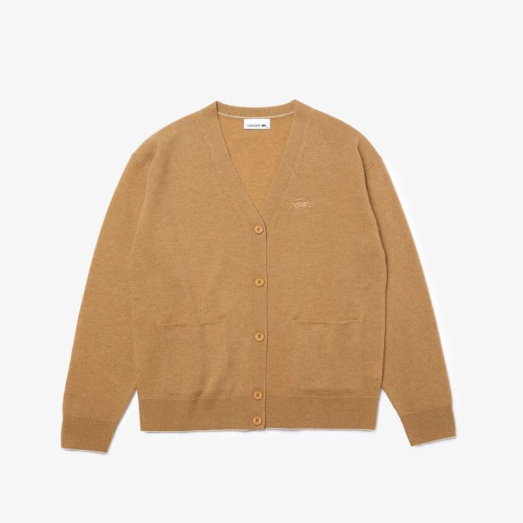 Lacoste V-Neck Buttoned Wool Cardigan Beige | ZJixizbj