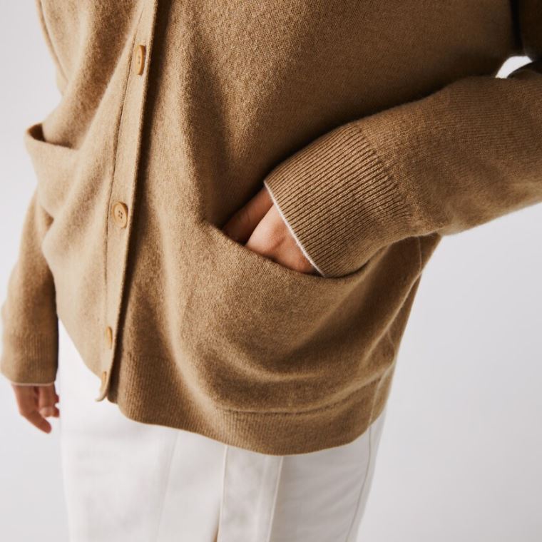 Lacoste V-Neck Buttoned Wool Cardigan Beige | ZJixizbj