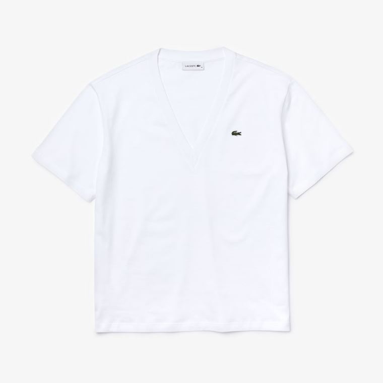 Lacoste V-Neck Premium Bomulds T-shirt Hvide | 3EdK1iXi