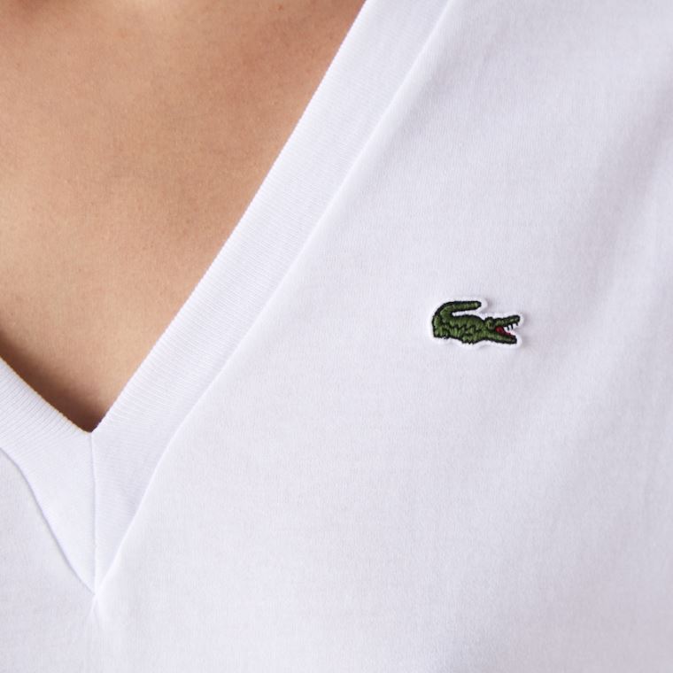 Lacoste V-Neck Premium Bomulds T-shirt Hvide | 3EdK1iXi