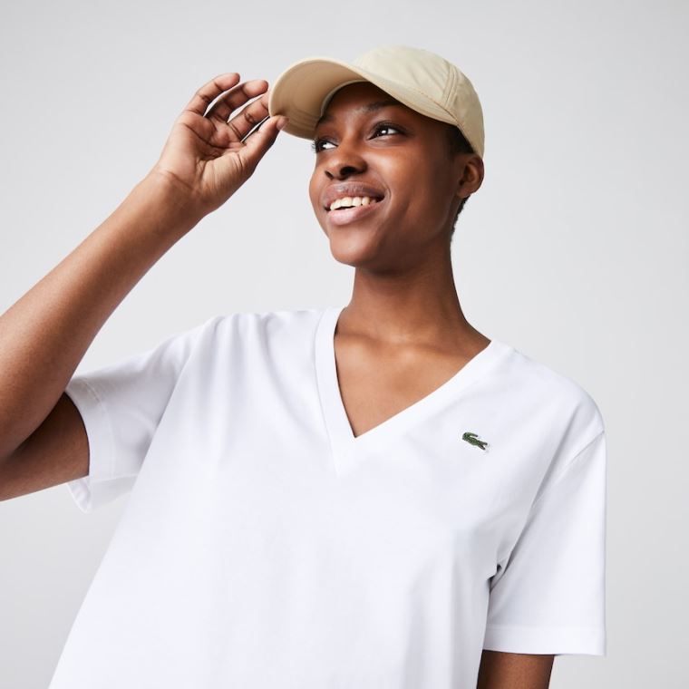 Lacoste V-Neck Premium Bomulds T-shirt Hvide | 3EdK1iXi