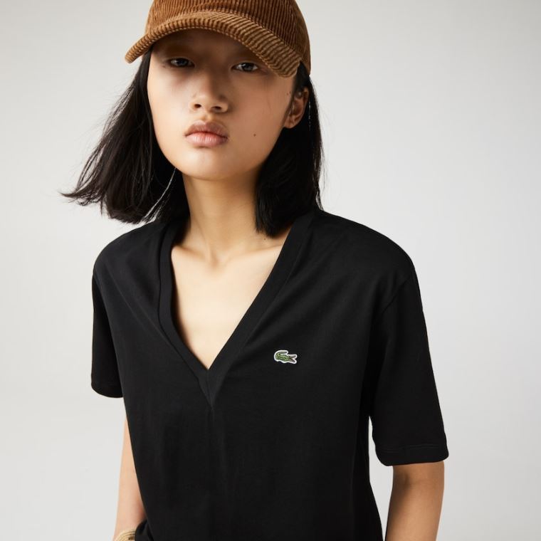 Lacoste V-Neck Premium Bomulds T-shirt Sort | zNWHY2QM