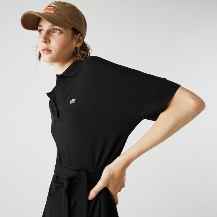 Lacoste V-neck Fitted Flowy Piqué Polo Kjole Sort | o6KxwE1m