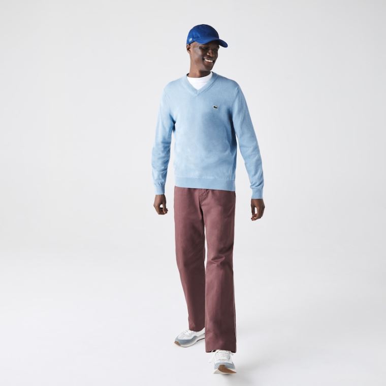 Lacoste V-neck Organic Bomulds Sweater Blå | R9tEqziZ