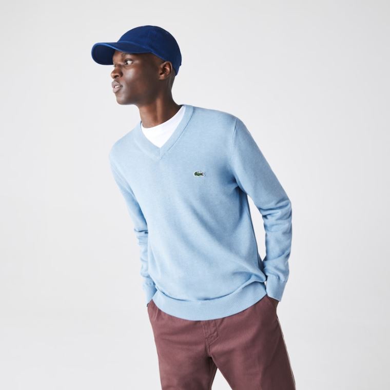 Lacoste V-neck Organic Bomulds Sweater Blå | R9tEqziZ