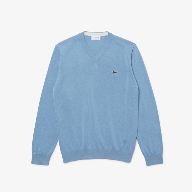 Lacoste V-neck Organic Bomulds Sweater Blå | R9tEqziZ