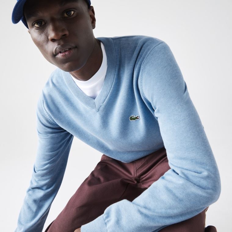 Lacoste V-neck Organic Bomulds Sweater Blå | R9tEqziZ