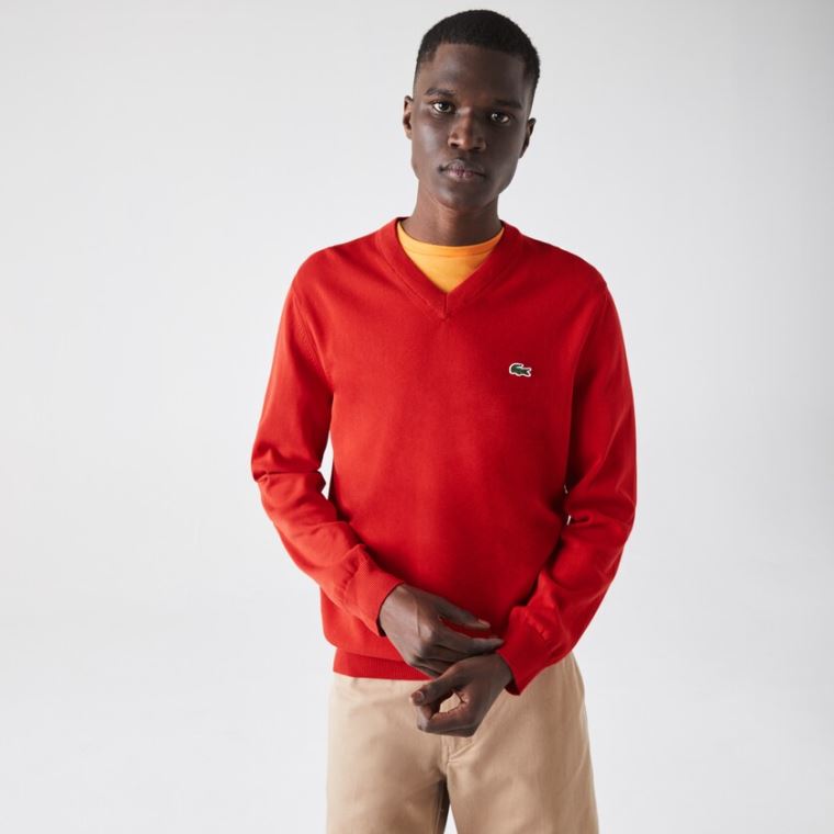 Lacoste V-neck Organic Bomulds Sweater Rød | hWb3AjFc