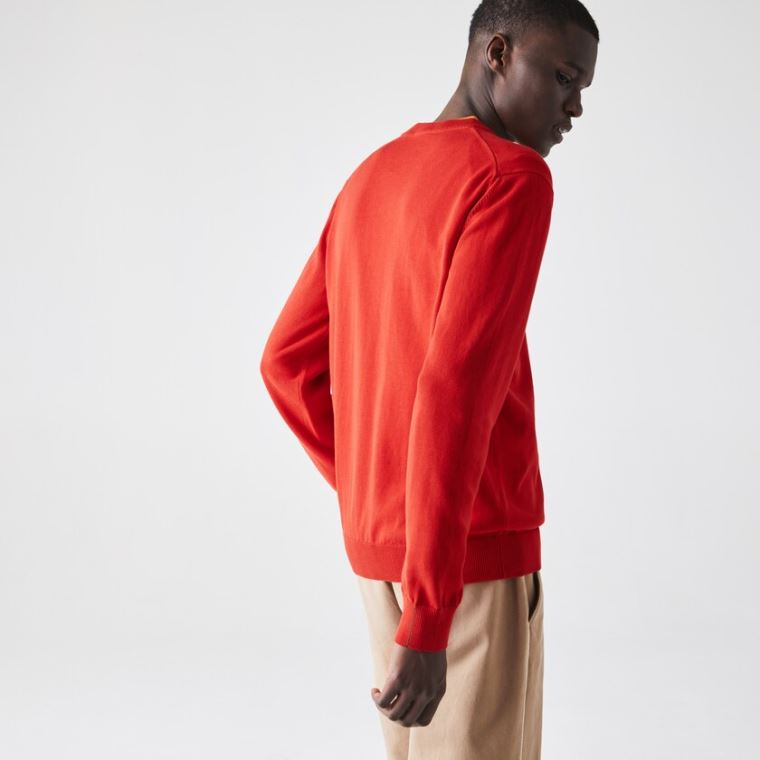 Lacoste V-neck Organic Bomulds Sweater Rød | hWb3AjFc