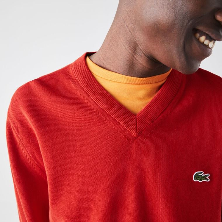 Lacoste V-neck Organic Bomulds Sweater Rød | hWb3AjFc