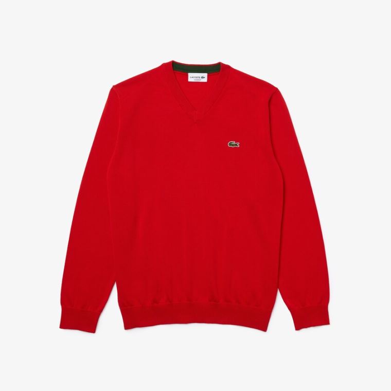 Lacoste V-neck Organic Bomulds Sweater Rød | hWb3AjFc